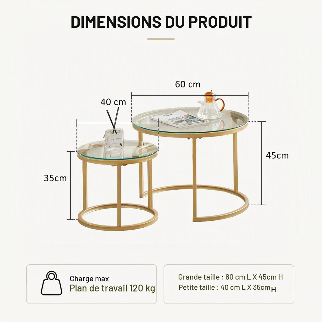 Set of 2 Round Side Tables, Coffee Table, Large: 60 x 60 x 45 cm; Small: 40 x 40 x 35 cm, Gold and Glass