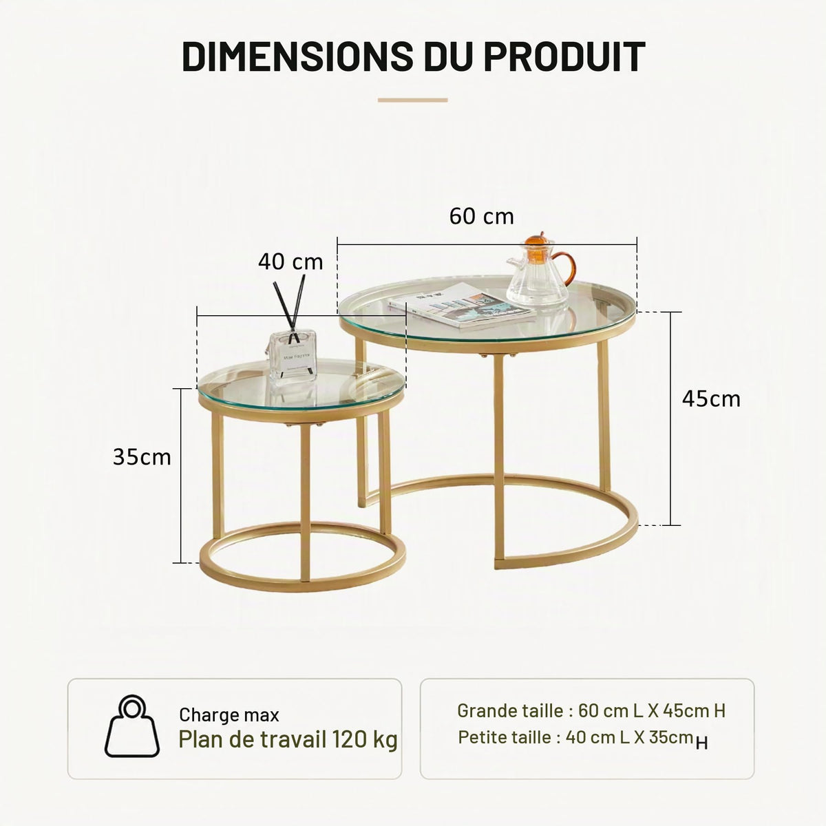 Set of 2 Round Side Tables, Coffee Table, Large: 60 x 60 x 45 cm; Small: 40 x 40 x 35 cm, Gold and Glass
