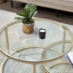 Set of 2 Round Side Tables, Coffee Table, Large: 60 x 60 x 45 cm; Small: 40 x 40 x 35 cm, Gold and Glass