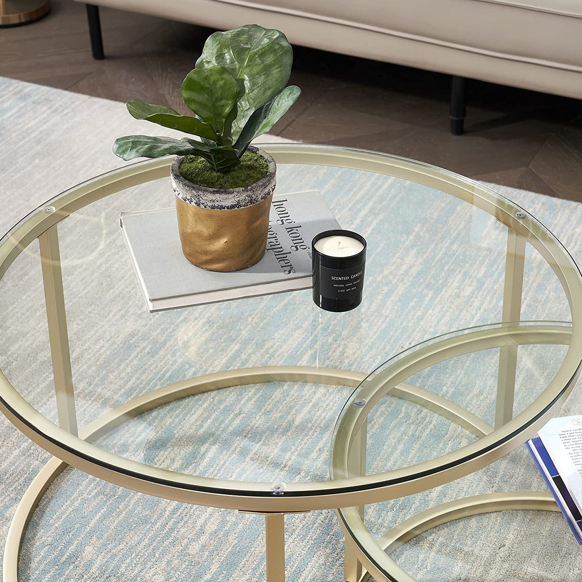 Set of 2 Round Side Tables, Coffee Table, Large: 60 x 60 x 45 cm; Small: 40 x 40 x 35 cm, Gold and Glass