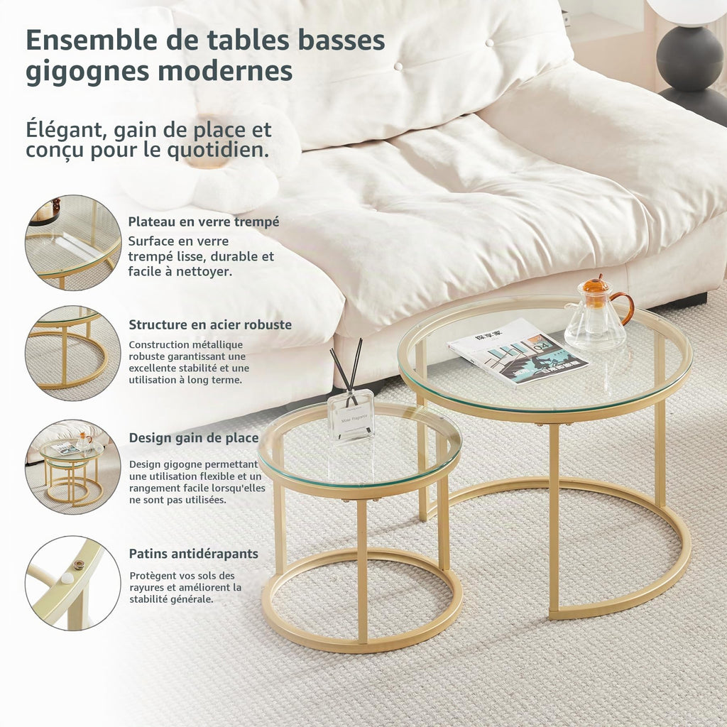 Set of 2 Round Side Tables, Coffee Table, Large: 60 x 60 x 45 cm; Small: 40 x 40 x 35 cm, Gold and Glass