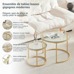 Set of 2 Round Side Tables, Coffee Table, Large: 60 x 60 x 45 cm; Small: 40 x 40 x 35 cm, Gold and Glass