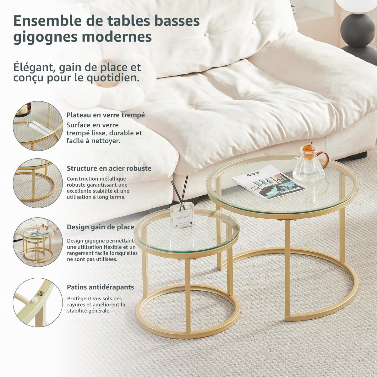 Set of 2 Round Side Tables, Coffee Table, Large: 60 x 60 x 45 cm; Small: 40 x 40 x 35 cm, Gold and Glass