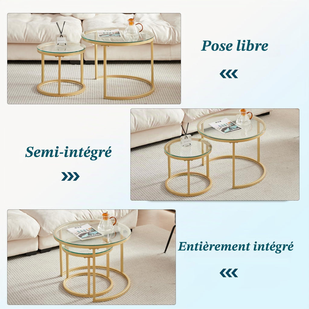 Set of 2 Round Side Tables, Coffee Table, Large: 60 x 60 x 45 cm; Small: 40 x 40 x 35 cm, Gold and Glass