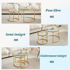 Set of 2 Round Side Tables, Coffee Table, Large: 60 x 60 x 45 cm; Small: 40 x 40 x 35 cm, Gold and Glass