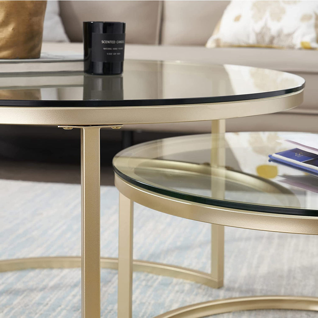 Set of 2 Round Side Tables, Coffee Table, Large: 60 x 60 x 45 cm; Small: 40 x 40 x 35 cm, Gold and Glass