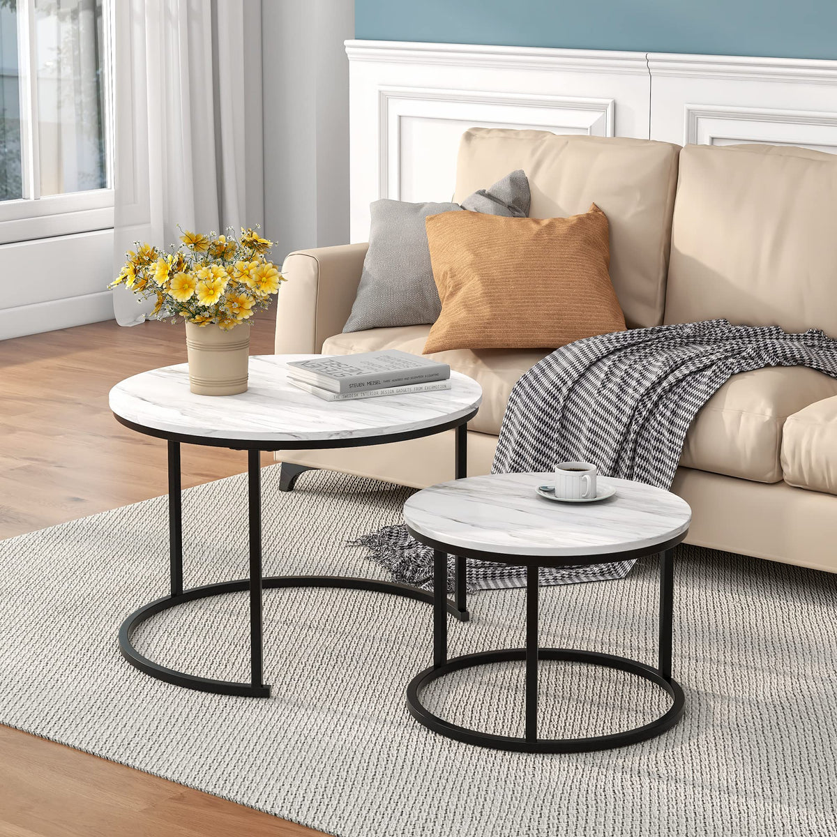HOJINLINERO Round Coffee Table Set of 2,End Tables Side Table Living Room