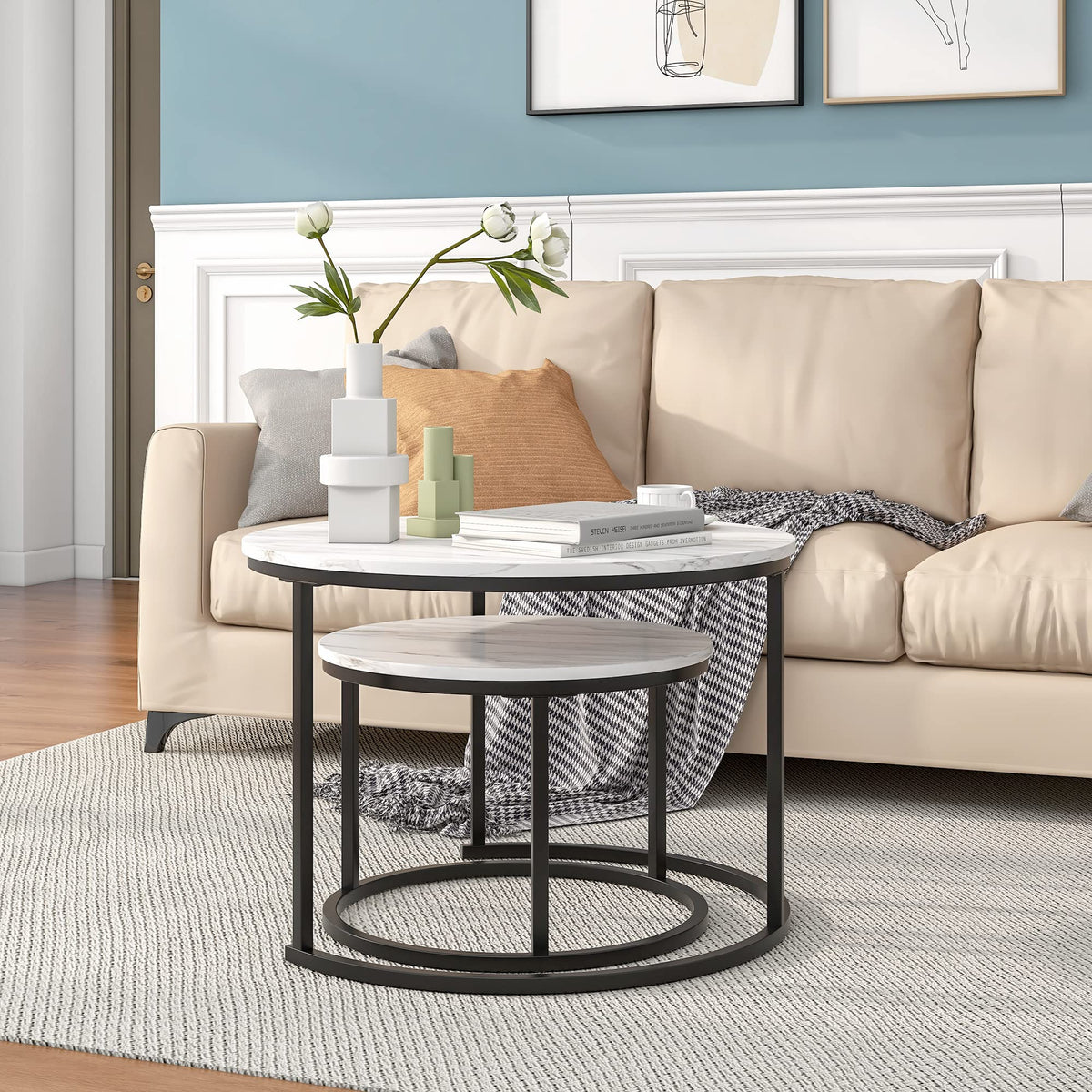 HOJINLINERO Round Coffee Table Set of 2,End Tables Side Table Living Room