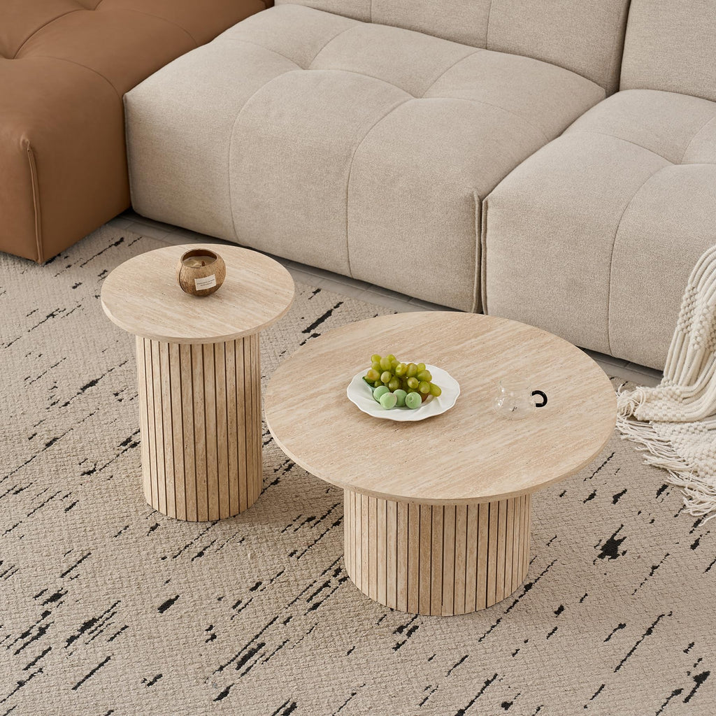 Set of 2 Round Wooden Coffee Tables, Modern Side Table with Roman Column Base for Living Room, Balcony and Bedroom (Yellow Travertine)