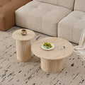 Set of 2 Round Wooden Coffee Tables, Modern Side Table with Roman Column Base for Living Room, Balcony and Bedroom (Yellow Travertine)