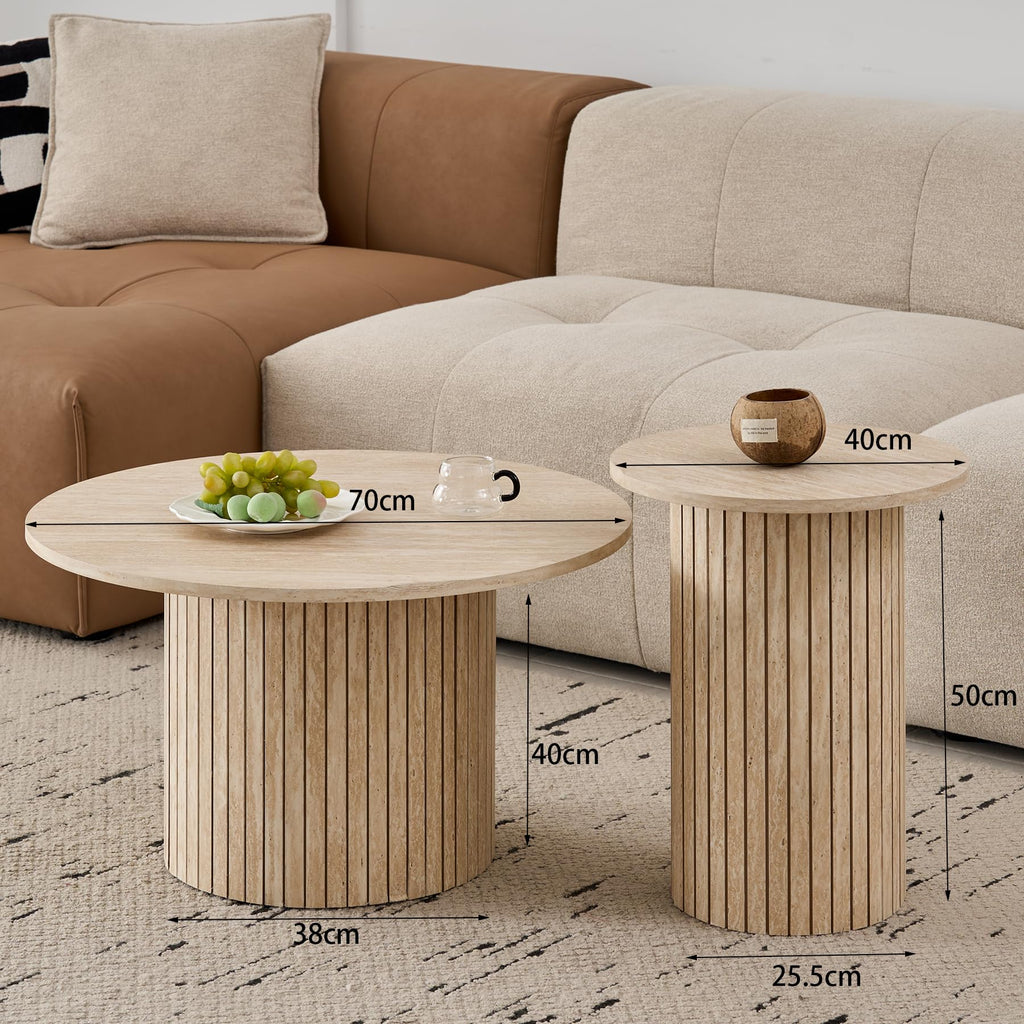 Set of 2 Round Wooden Coffee Tables, Modern Side Table with Roman Column Base for Living Room, Balcony and Bedroom (Yellow Travertine)