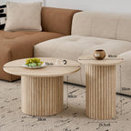 Set of 2 Round Wooden Coffee Tables, Modern Side Table with Roman Column Base for Living Room, Balcony and Bedroom (Yellow Travertine)