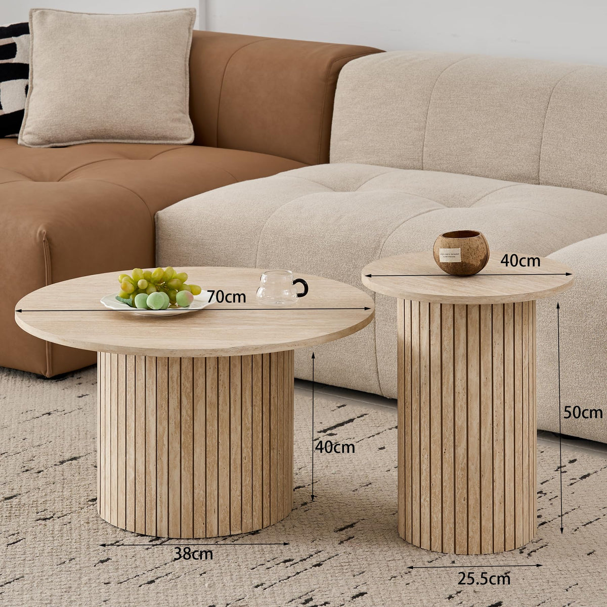 Set of 2 Round Wooden Coffee Tables, Modern Side Table with Roman Column Base for Living Room, Balcony and Bedroom (Yellow Travertine)