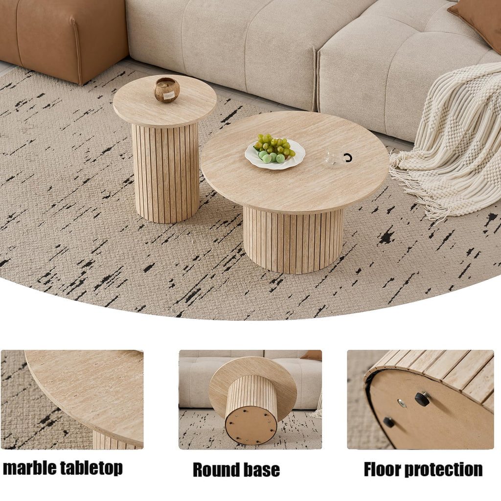 Set of 2 Round Wooden Coffee Tables, Modern Side Table with Roman Column Base for Living Room, Balcony and Bedroom (Yellow Travertine)