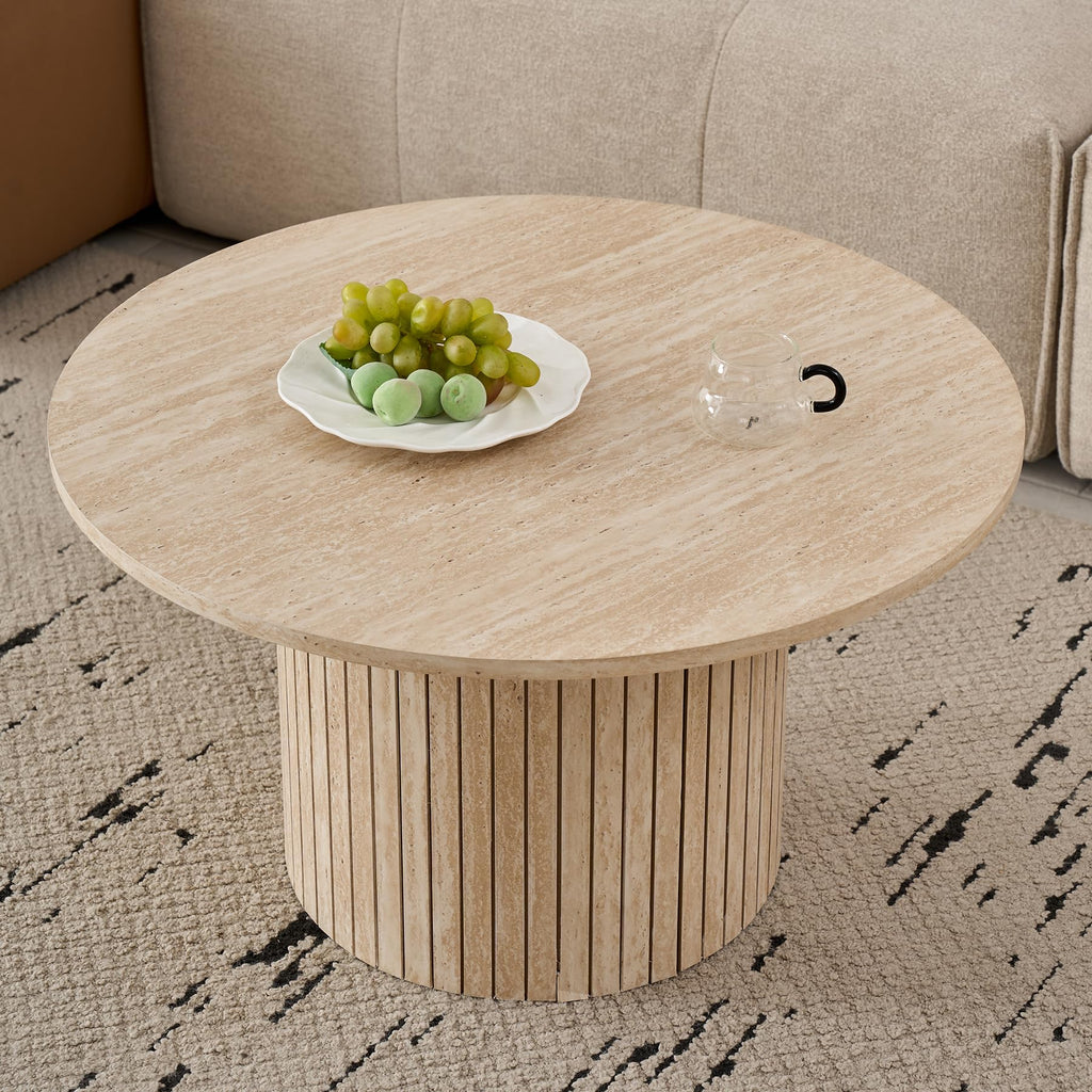 Set of 2 Round Wooden Coffee Tables, Modern Side Table with Roman Column Base for Living Room, Balcony and Bedroom (Yellow Travertine)