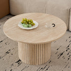 Set of 2 Round Wooden Coffee Tables, Modern Side Table with Roman Column Base for Living Room, Balcony and Bedroom (Yellow Travertine)