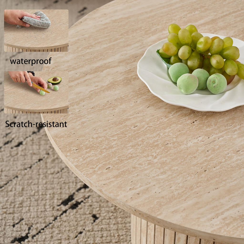 Set of 2 Round Wooden Coffee Tables, Modern Side Table with Roman Column Base for Living Room, Balcony and Bedroom (Yellow Travertine)