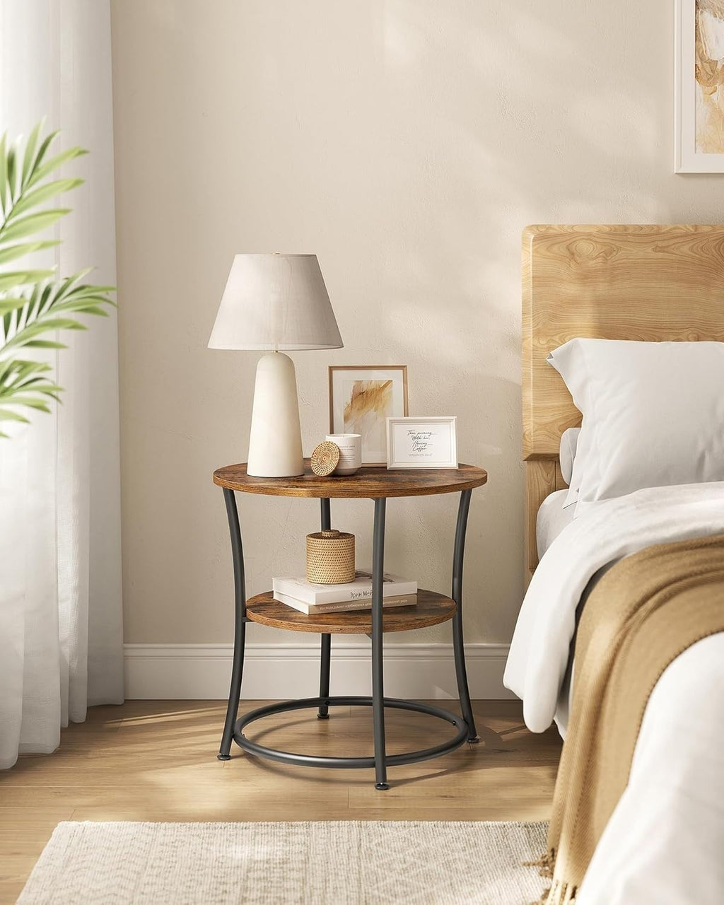Side Table, End Table with 2 Shelves, Small Round Table for Living Room, Bedroom