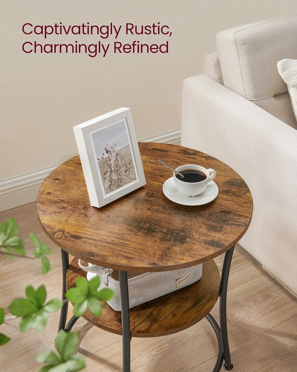 Side Table, End Table with 2 Shelves, Small Round Table for Living Room, Bedroom
