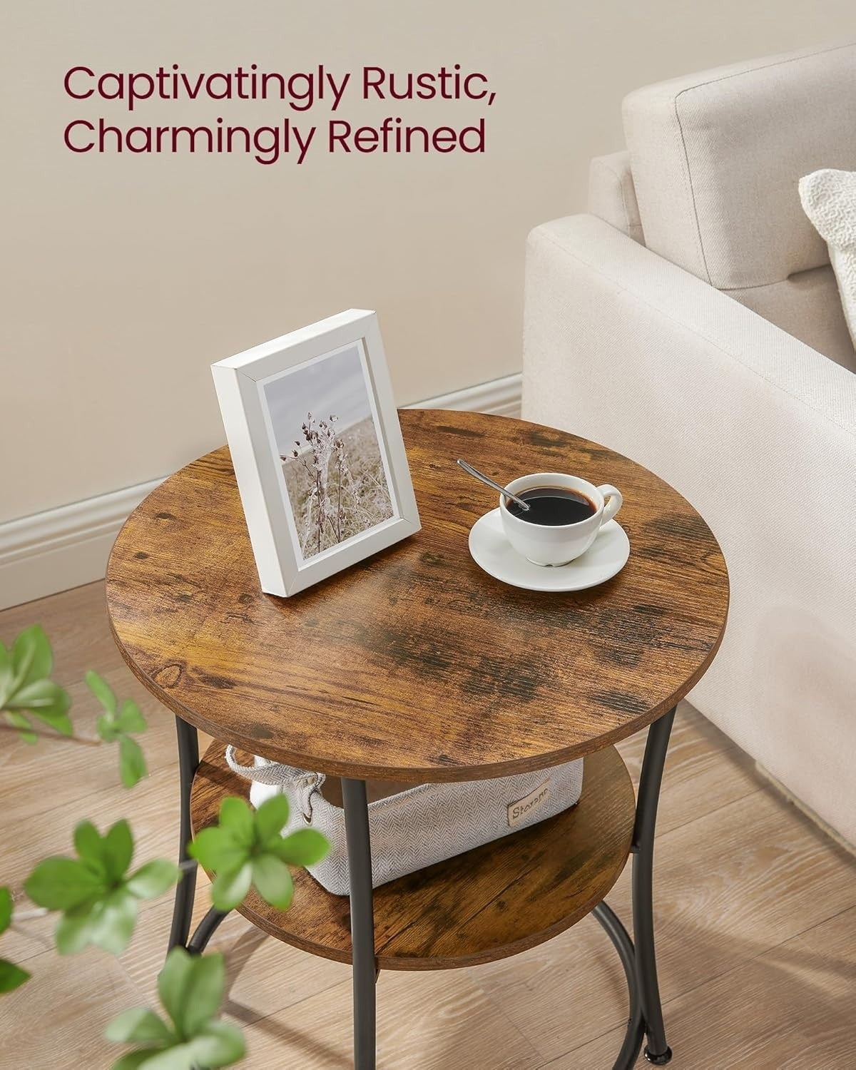 Side Table, End Table with 2 Shelves, Small Round Table for Living Room, Bedroom