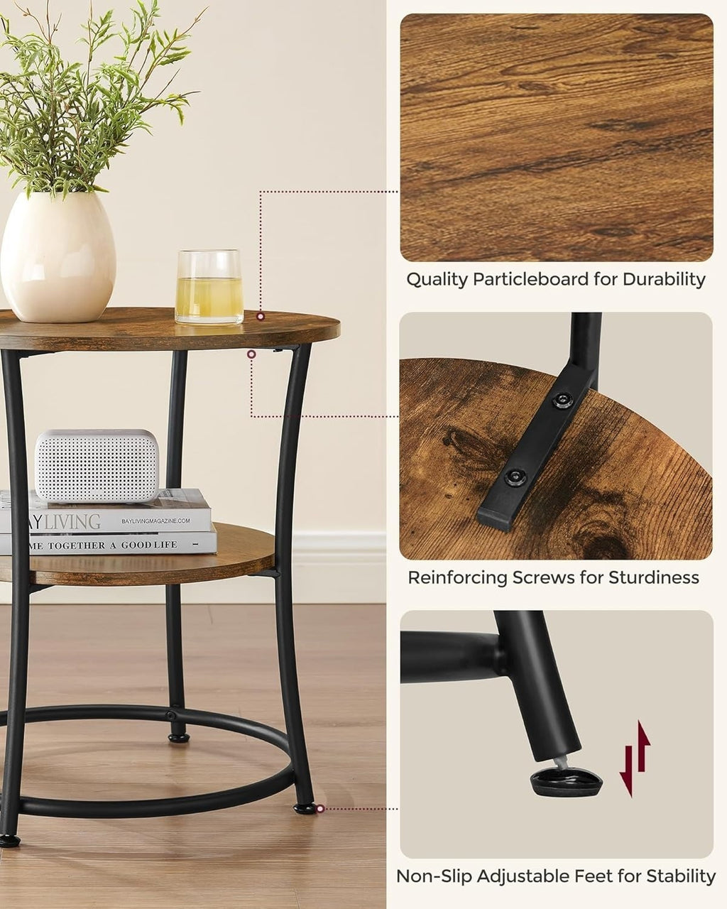 Side Table, End Table with 2 Shelves, Small Round Table for Living Room, Bedroom