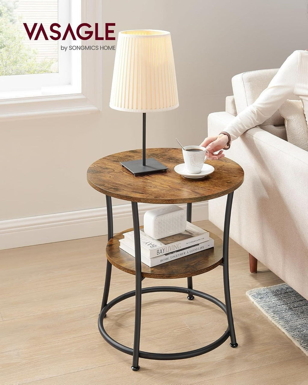 Side Table, End Table with 2 Shelves, Small Round Table for Living Room, Bedroom