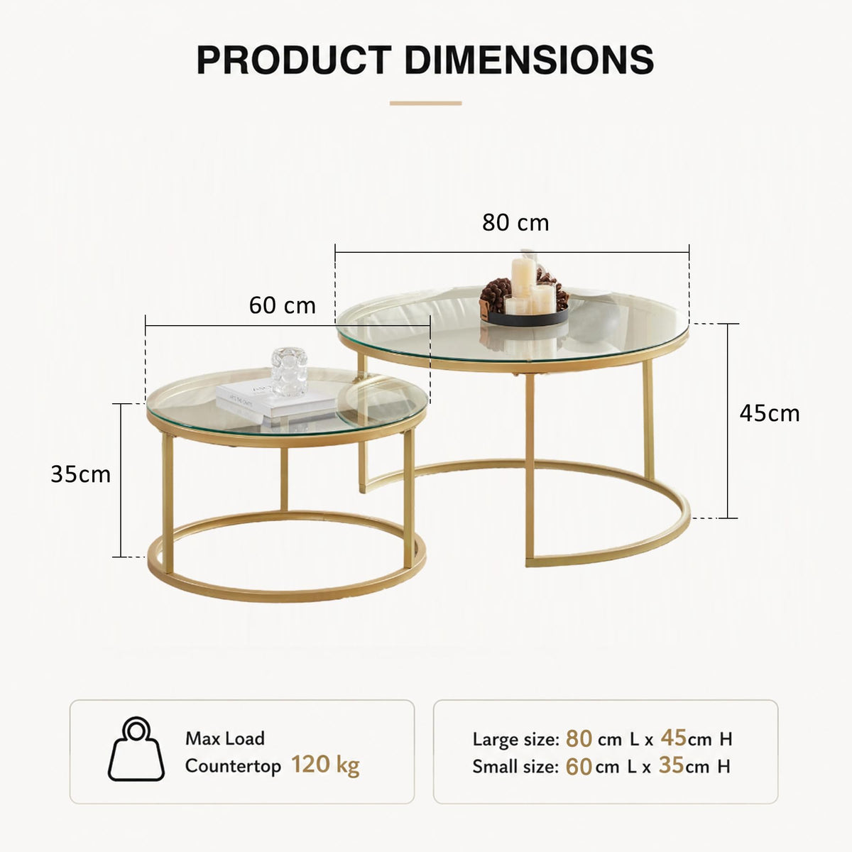 Set of 2 Round Coffee Tables Large 80 x 80 x 45 cm Small: 60 x 60 x 35 cm Round Coffee Table (Gold and Glass)