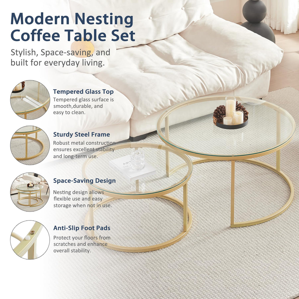Set of 2 Round Coffee Tables Large 80 x 80 x 45 cm Small: 60 x 60 x 35 cm Round Coffee Table (Gold and Glass)
