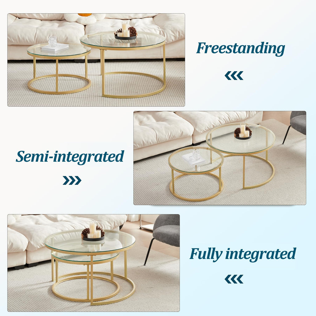 Set of 2 Round Coffee Tables Large 80 x 80 x 45 cm Small: 60 x 60 x 35 cm Round Coffee Table (Gold and Glass)