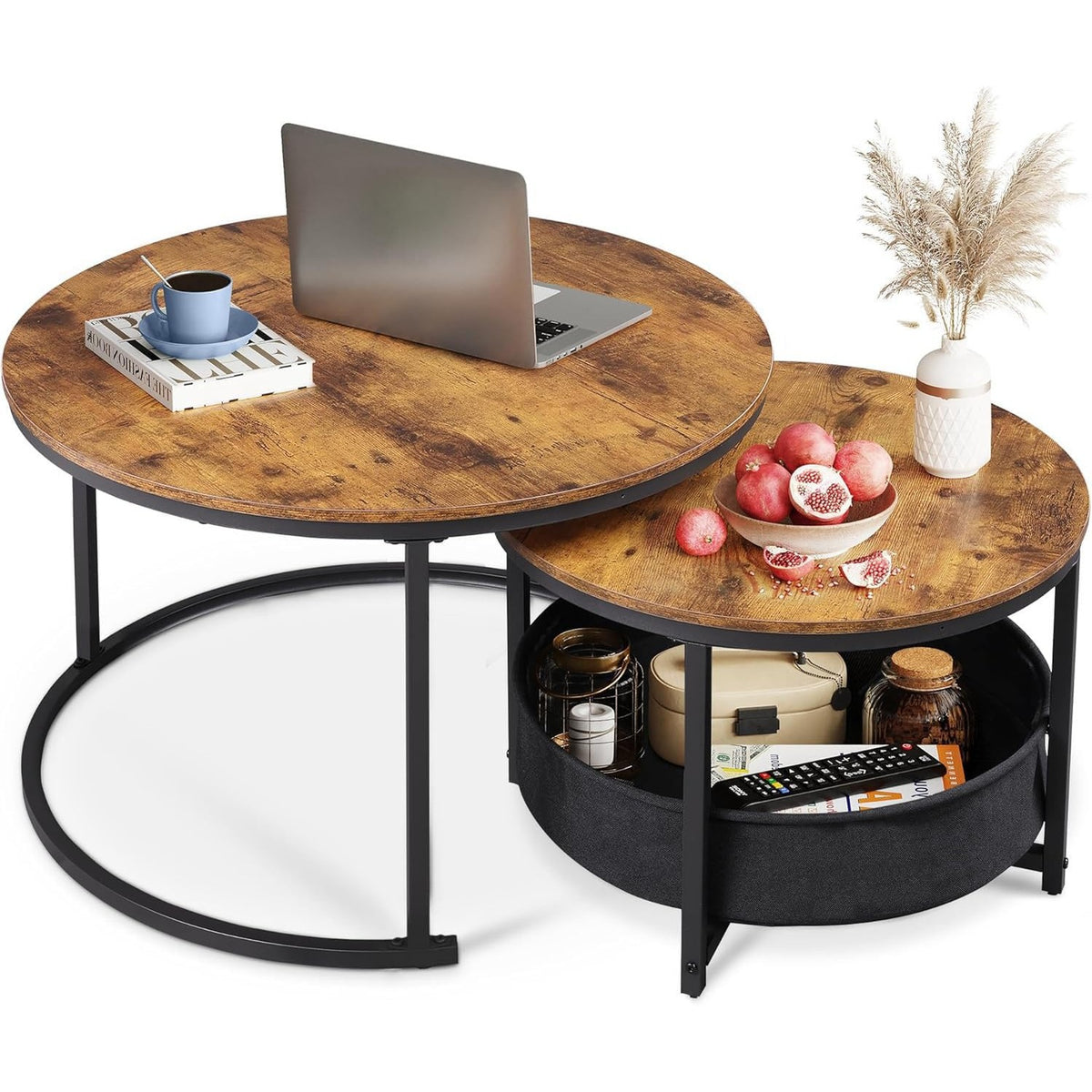 WLIVE Round Coffee Table, Set of 2, Modern Living Room Table, Round, Side Table with Fabric Basket, 80 cm Diameter Couch Table for Bedroom, Home Office (Grey Oak)