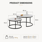 Set of 2 Round Side Table, Living Room Table, Large Size: 80 x 80 x 45 cm, Small Coffee Table: 60 x 60 x 35 cm, Black and White.