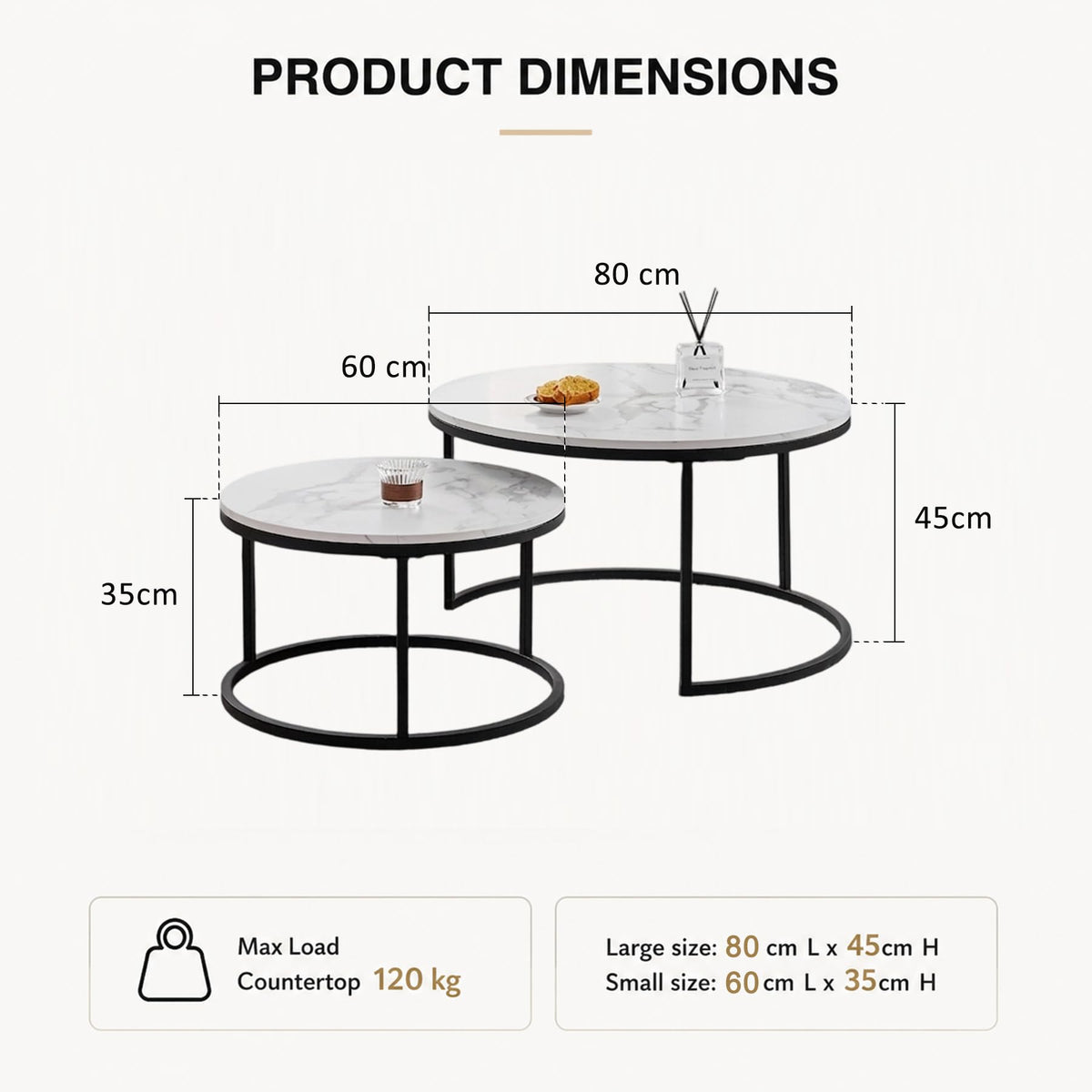 Set of 2 Round Side Table, Living Room Table, Large Size: 80 x 80 x 45 cm, Small Coffee Table: 60 x 60 x 35 cm, Black and White.