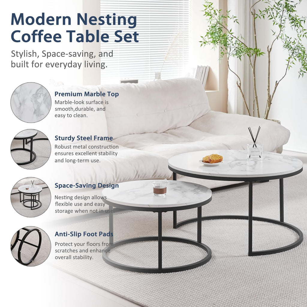 Set of 2 Round Side Table, Living Room Table, Large Size: 80 x 80 x 45 cm, Small Coffee Table: 60 x 60 x 35 cm, Black and White.