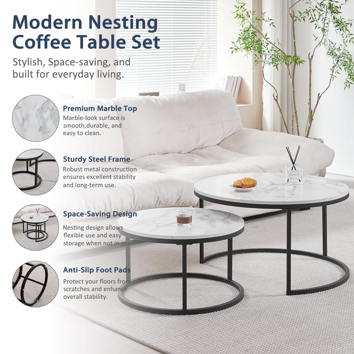 Set of 2 Round Side Table, Living Room Table, Large Size: 80 x 80 x 45 cm, Small Coffee Table: 60 x 60 x 35 cm, Black and White.