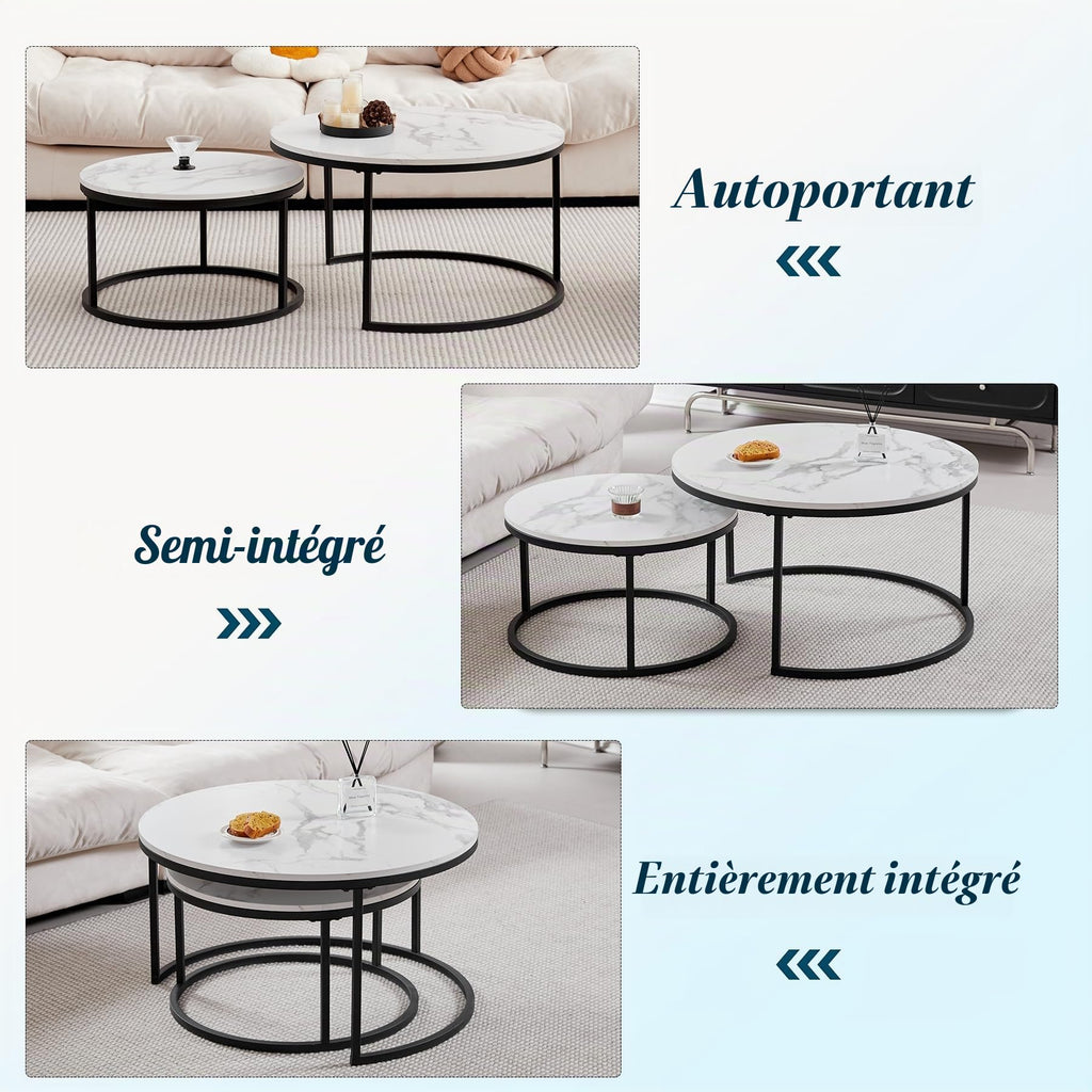 Set of 2 Round Side Table, Living Room Table, Large Size: 80 x 80 x 45 cm, Small Coffee Table: 60 x 60 x 35 cm, Black and White.
