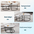 Set of 2 Round Side Table, Living Room Table, Large Size: 80 x 80 x 45 cm, Small Coffee Table: 60 x 60 x 35 cm, Black and White.