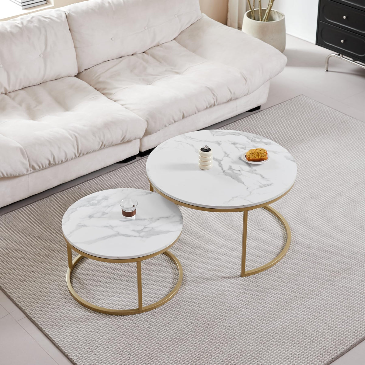 Set of 2 Round Side Table, Living Room Table, Large Size: 80 x 80 x 45 cm, Small Coffee Table: 60 x 60 x 35 cm, Black and White.