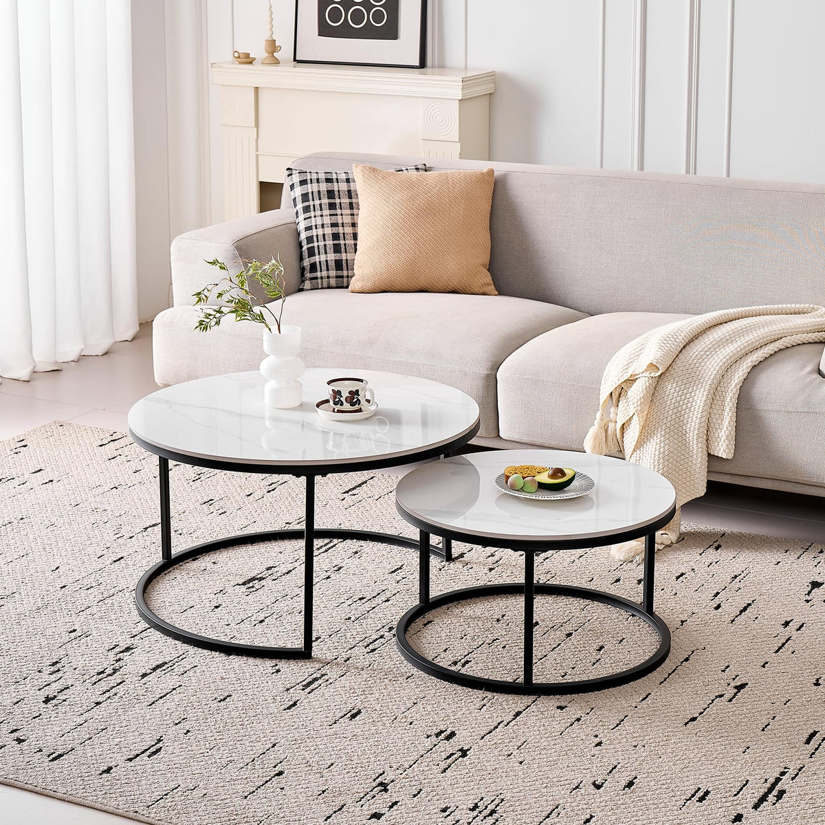 Round Coffee Table, Set of 2, Modern Nesting Tables with Ceramic Top (no MDF Board), Ideal for Living Room, Bedroom, Balcony and Office (White + Black), 60 + 80 cm
