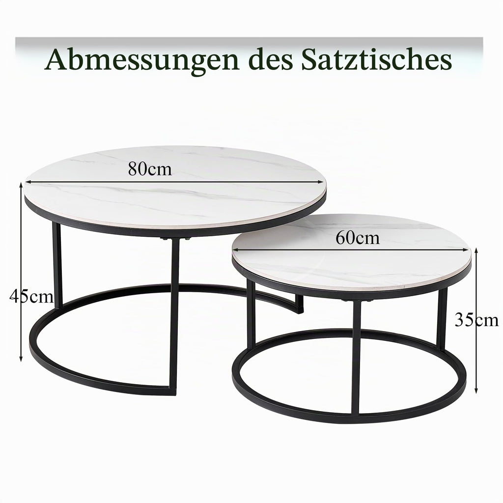 Round Coffee Table, Set of 2, Modern Nesting Tables with Ceramic Top (no MDF Board), Ideal for Living Room, Bedroom, Balcony and Office (White + Black), 60 + 80 cm