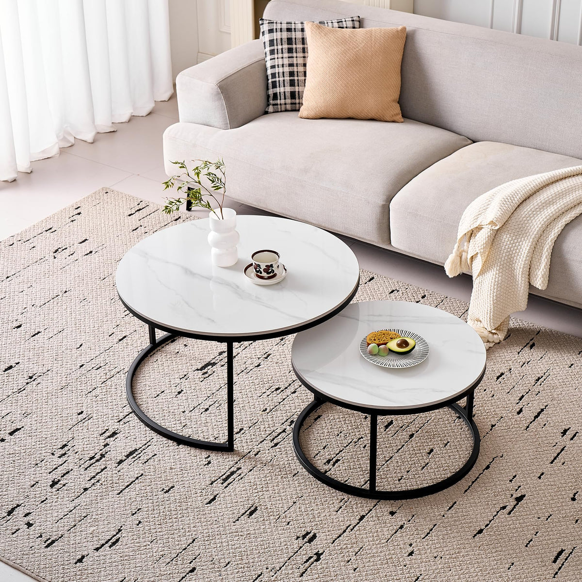 Round Coffee Table, Set of 2, Modern Nesting Tables with Ceramic Top (no MDF Board), Ideal for Living Room, Bedroom, Balcony and Office (White + Black), 60 + 80 cm