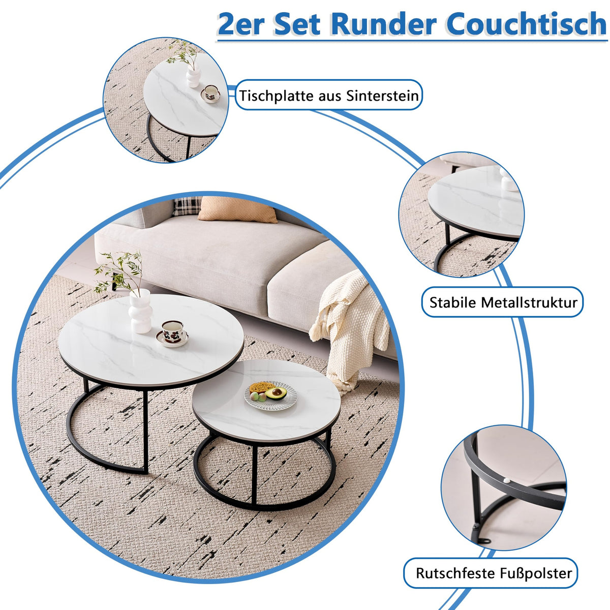 Round Coffee Table, Set of 2, Modern Nesting Tables with Ceramic Top (no MDF Board), Ideal for Living Room, Bedroom, Balcony and Office (White + Black), 60 + 80 cm