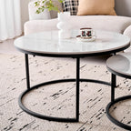 Round Coffee Table, Set of 2, Modern Nesting Tables with Ceramic Top (no MDF Board), Ideal for Living Room, Bedroom, Balcony and Office (White + Black), 60 + 80 cm