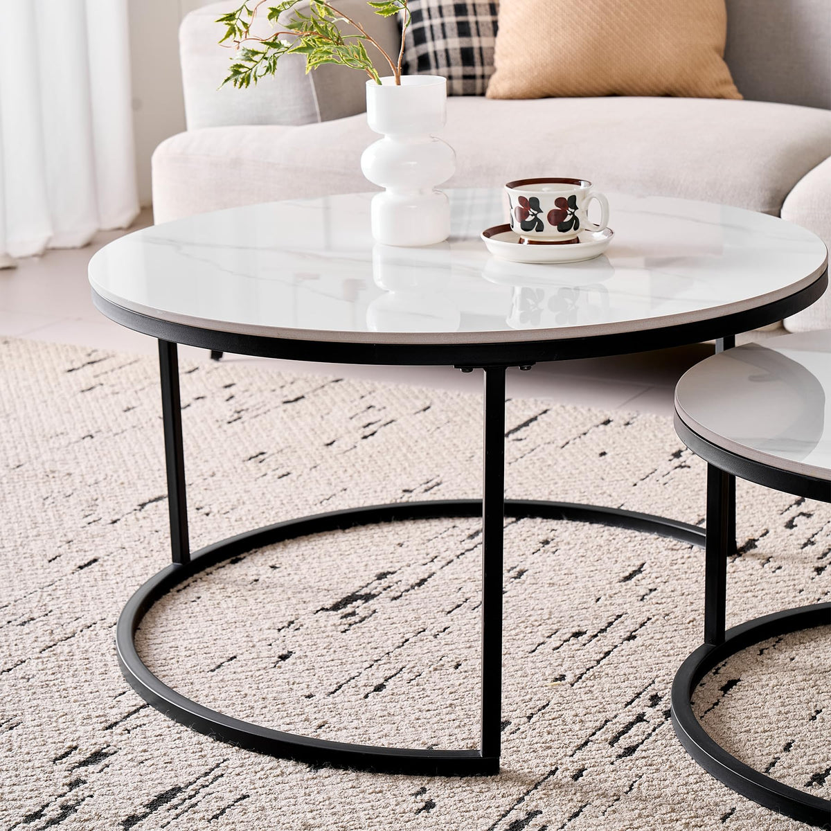Round Coffee Table, Set of 2, Modern Nesting Tables with Ceramic Top (no MDF Board), Ideal for Living Room, Bedroom, Balcony and Office (White + Black), 60 + 80 cm