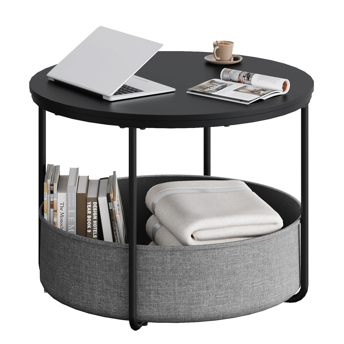 WLIVE Round Coffee Table with X-shaped Steel Frame (Black, Round Coffee Table with Storage)