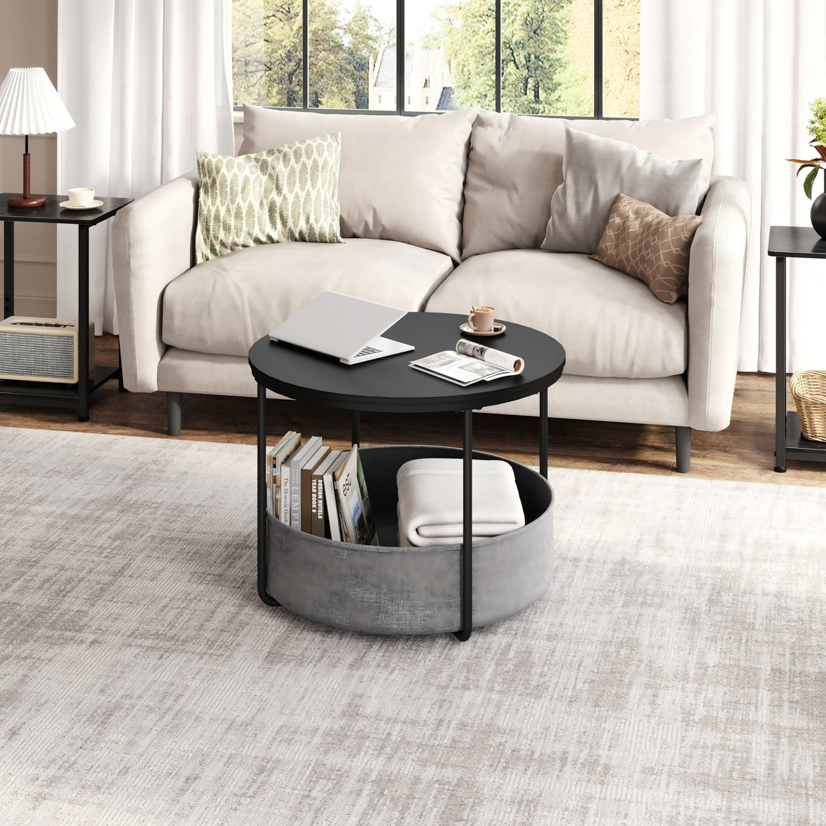 WLIVE Round Coffee Table with X-shaped Steel Frame (Black, Round Coffee Table with Storage)