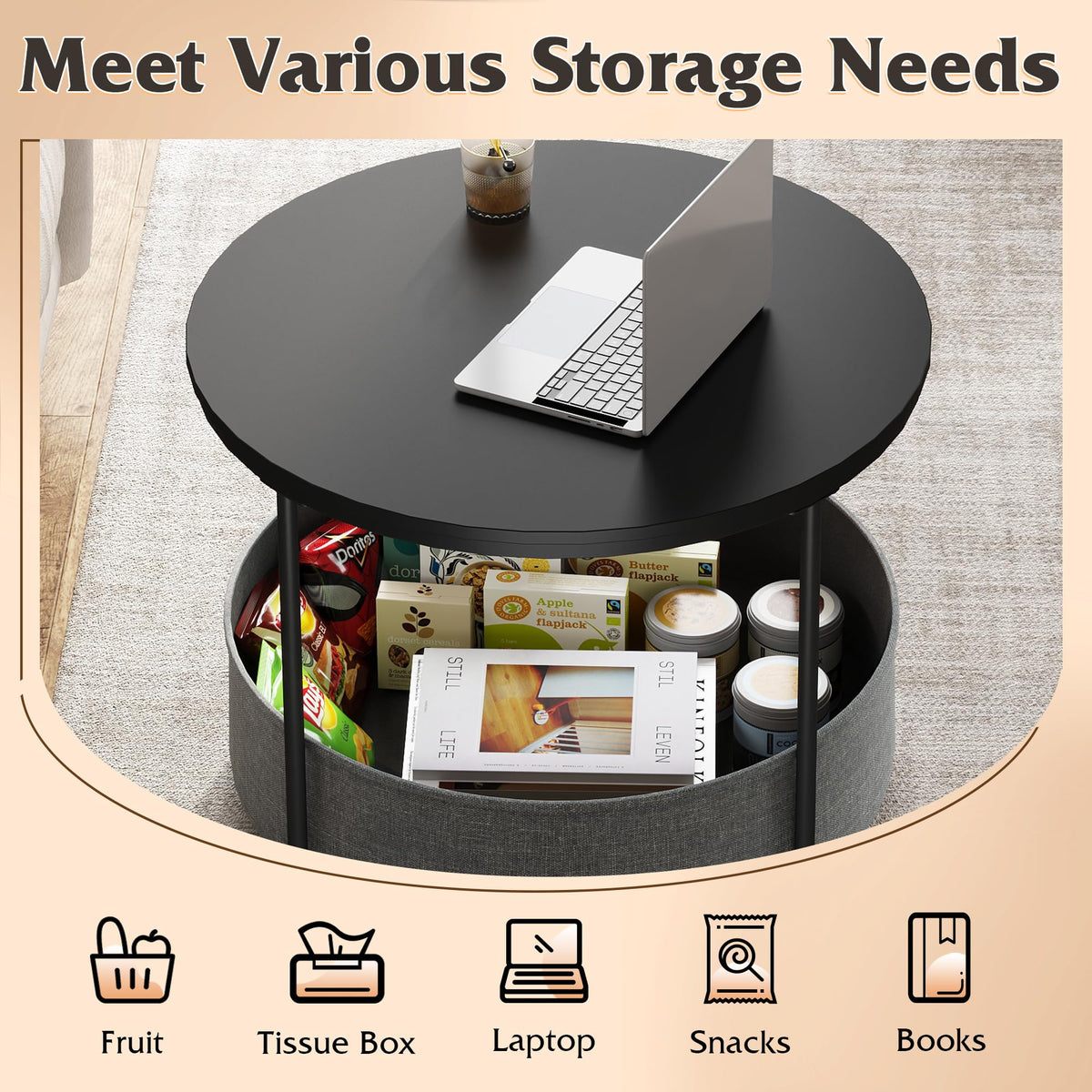 WLIVE Round Coffee Table with X-shaped Steel Frame (Black, Round Coffee Table with Storage)