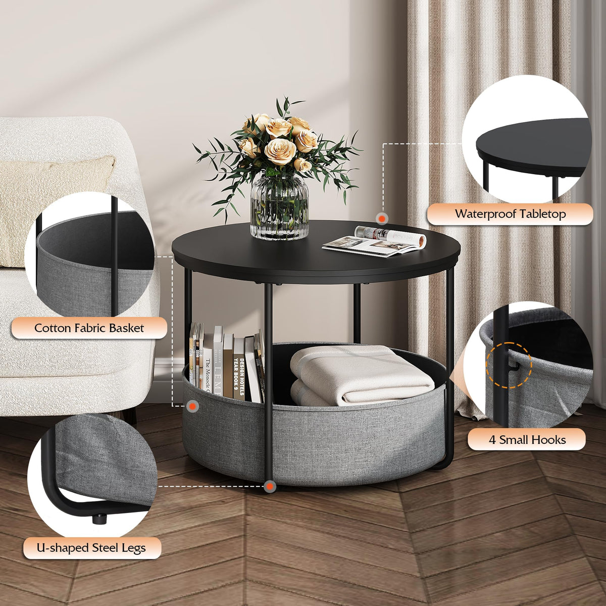 WLIVE Round Coffee Table with X-shaped Steel Frame (Black, Round Coffee Table with Storage)