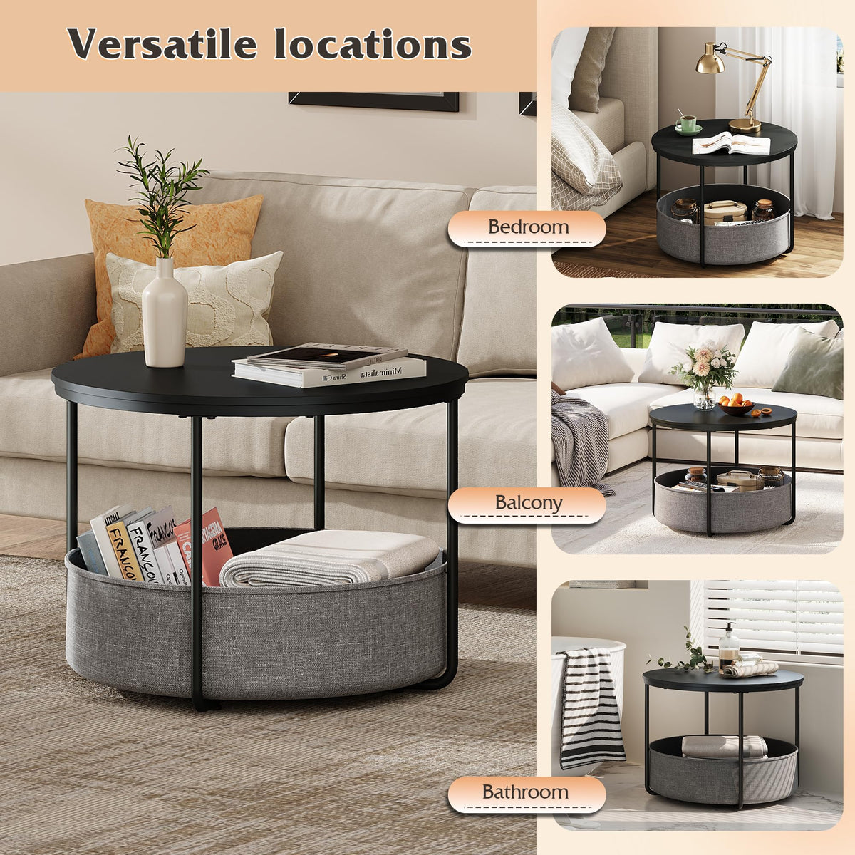 WLIVE Round Coffee Table with X-shaped Steel Frame (Black, Round Coffee Table with Storage)