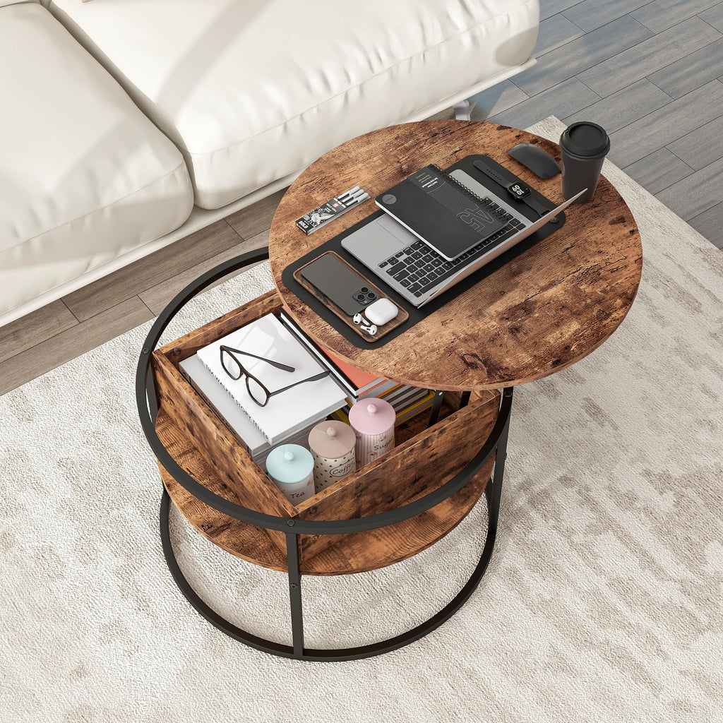 HOJINLINERO Round Lift Top Coffee Table with Storage,Farmhouse Rustic Brown