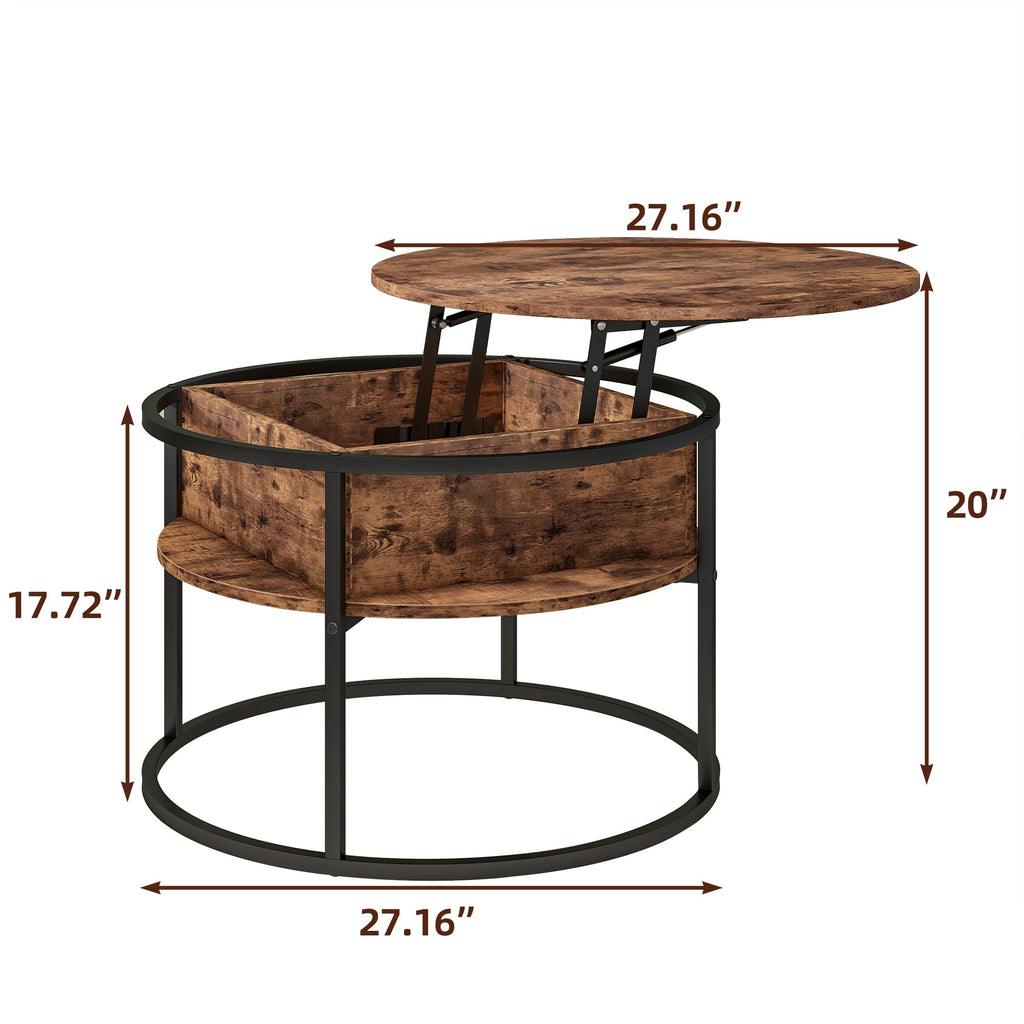 HOJINLINERO Round Lift Top Coffee Table with Storage,Farmhouse Rustic Brown